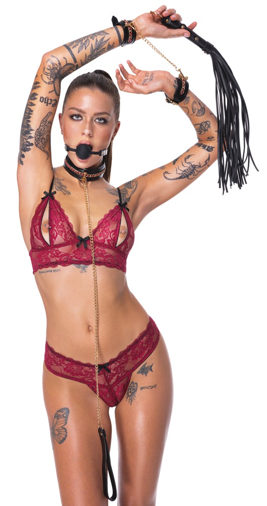 Bad Kitty Set Bondage cu Lanț 6 Piese cu Cătușe Lesă Căluș și Flogger - imagine 4