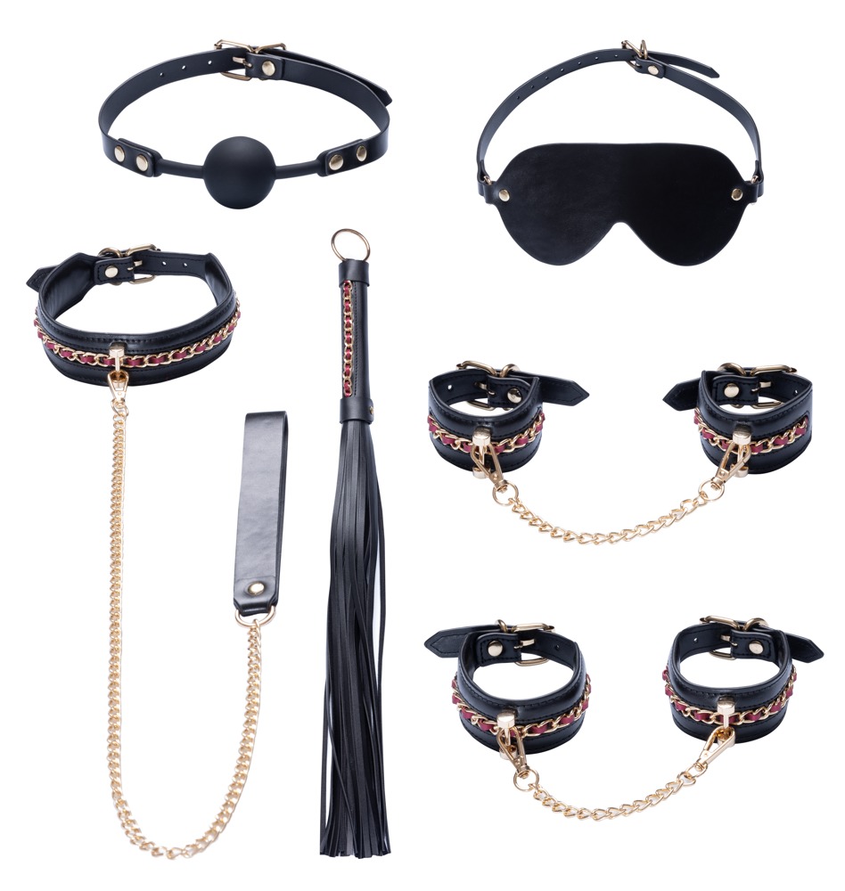 Bad Kitty Set Bondage cu Lanț 6 Piese cu Cătușe Lesă Căluș și Flogger - imagine 7