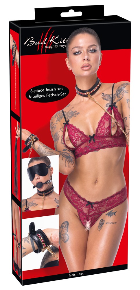Bad Kitty Set Bondage cu Lanț 6 Piese cu Cătușe Lesă Căluș și Flogger