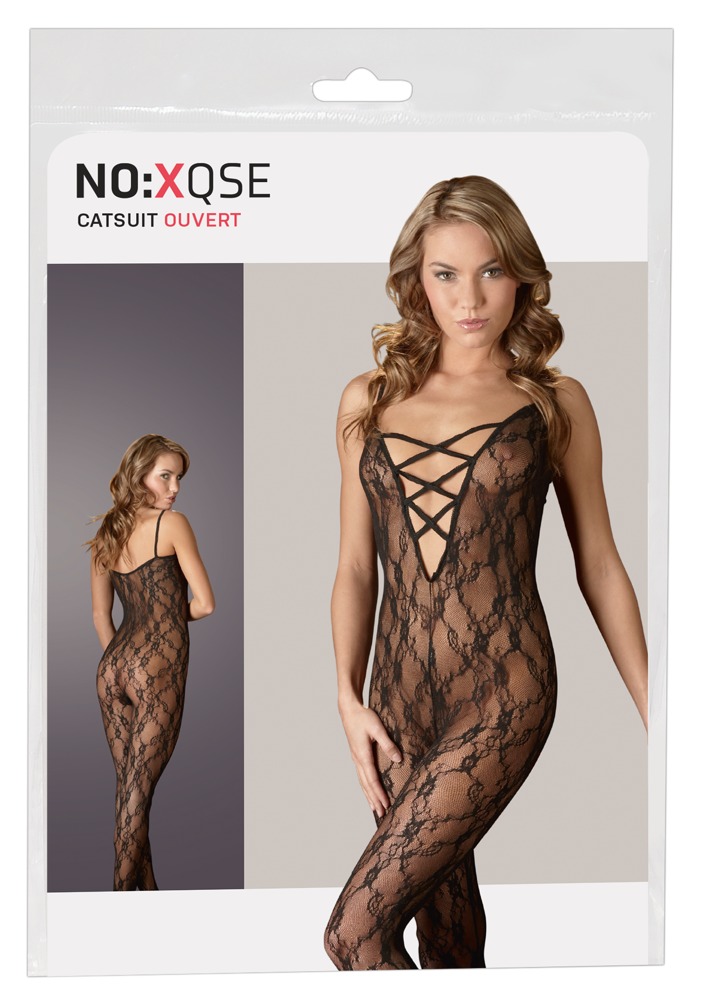 Catsuit Negru din Dantelă cu Spate Decupat