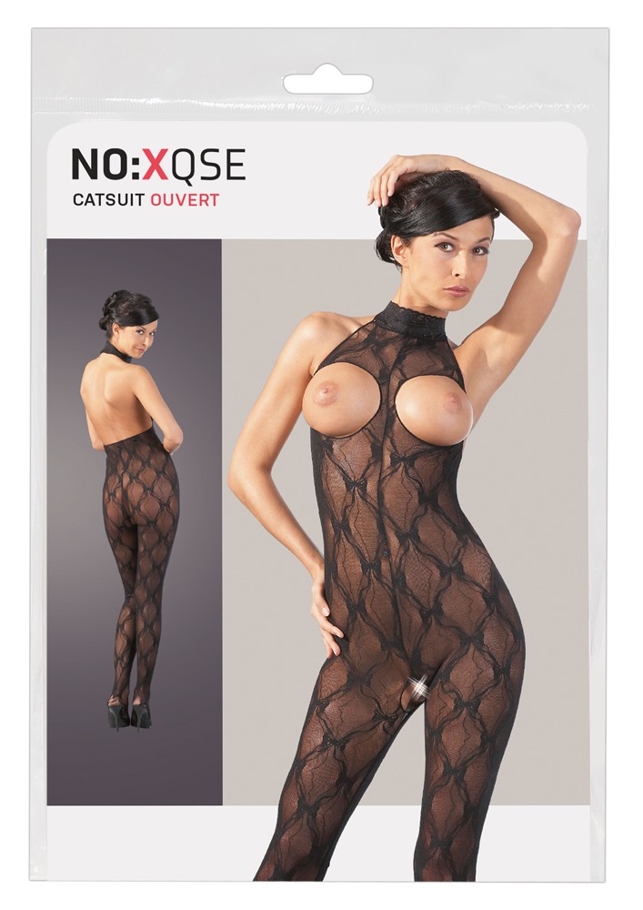 Catsuit Negru cu Bust Deschis din Dantelă și Decupaj Intim