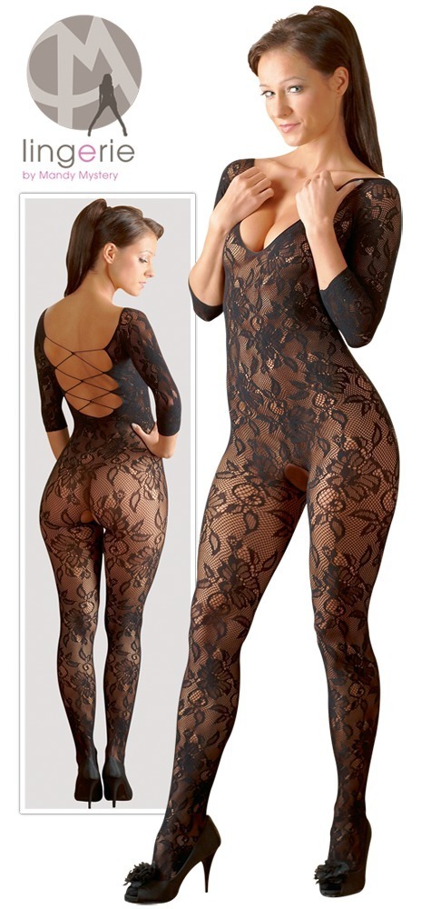 Catsuit Negru din Dantelă Florală cu Șnur și Zonă Intimă Deschisă S-L - imagine 7