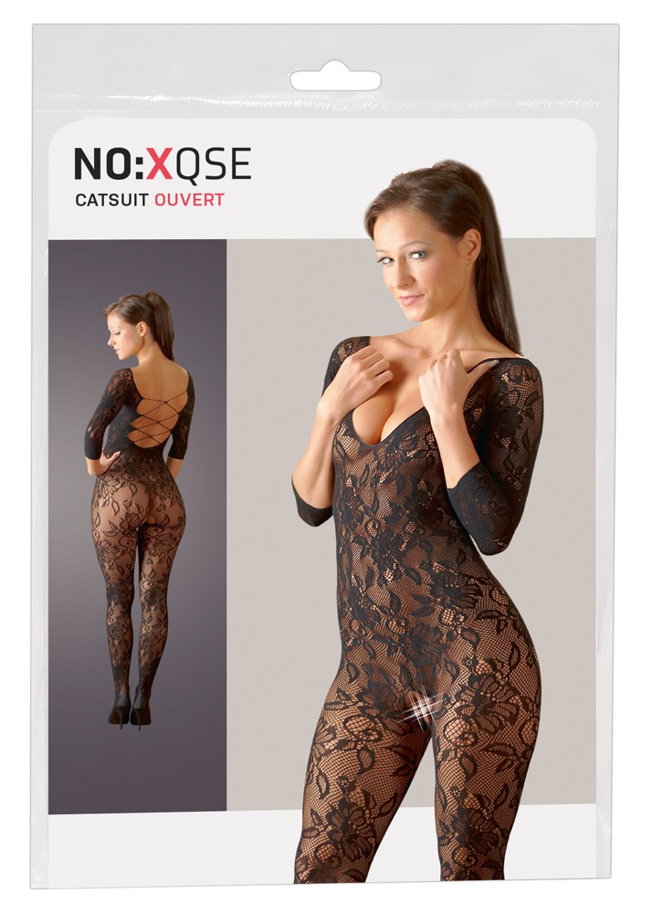 Catsuit Negru din Dantelă Florală cu Șnur și Zonă Intimă Deschisă S-L
