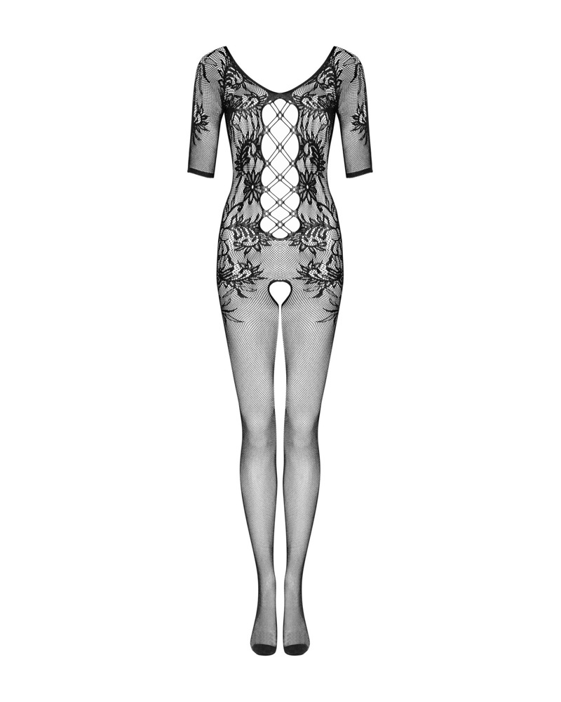 OBS Bodystocking S-L Negru din Plasă cu Model Floral și Decupaj Intim - imagine 3