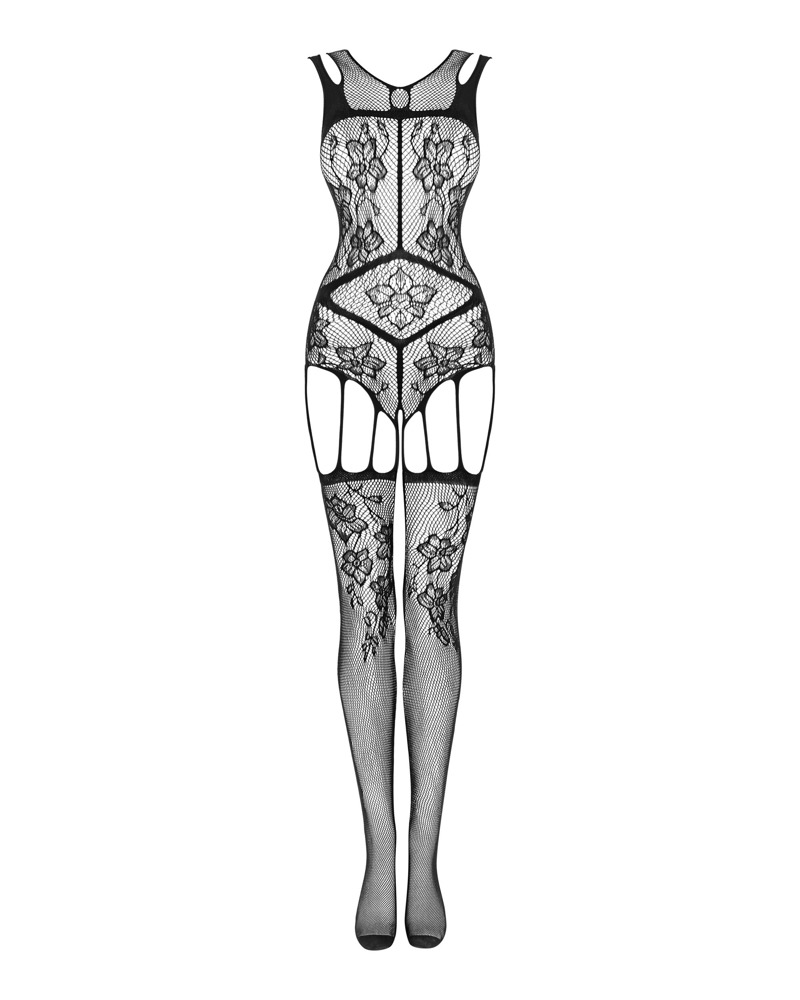 OBS Bodystocking S-L Negru F239 cu Model Floral Geometric și Decupaje - imagine 3