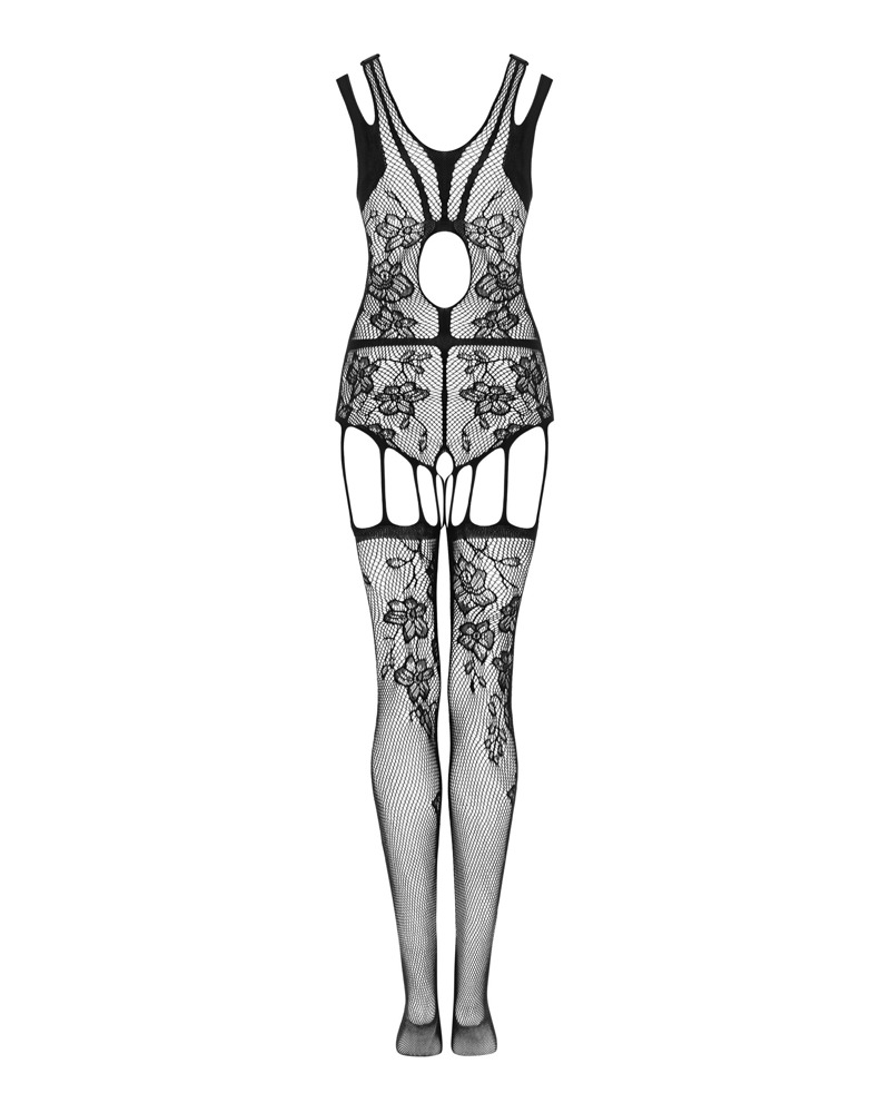 OBS Bodystocking S-L Negru F239 cu Model Floral Geometric și Decupaje - imagine 4
