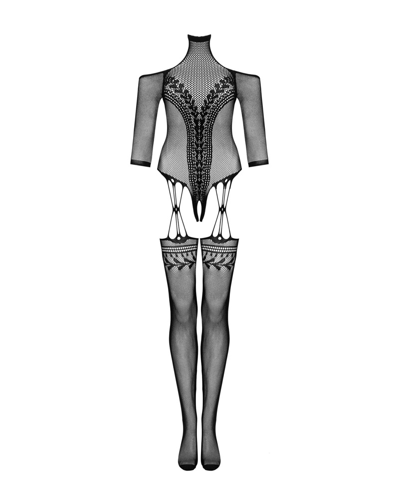 OBS Bodystocking S-L G333 Negru cu Model Floral și Decupaj Intim - imagine 3