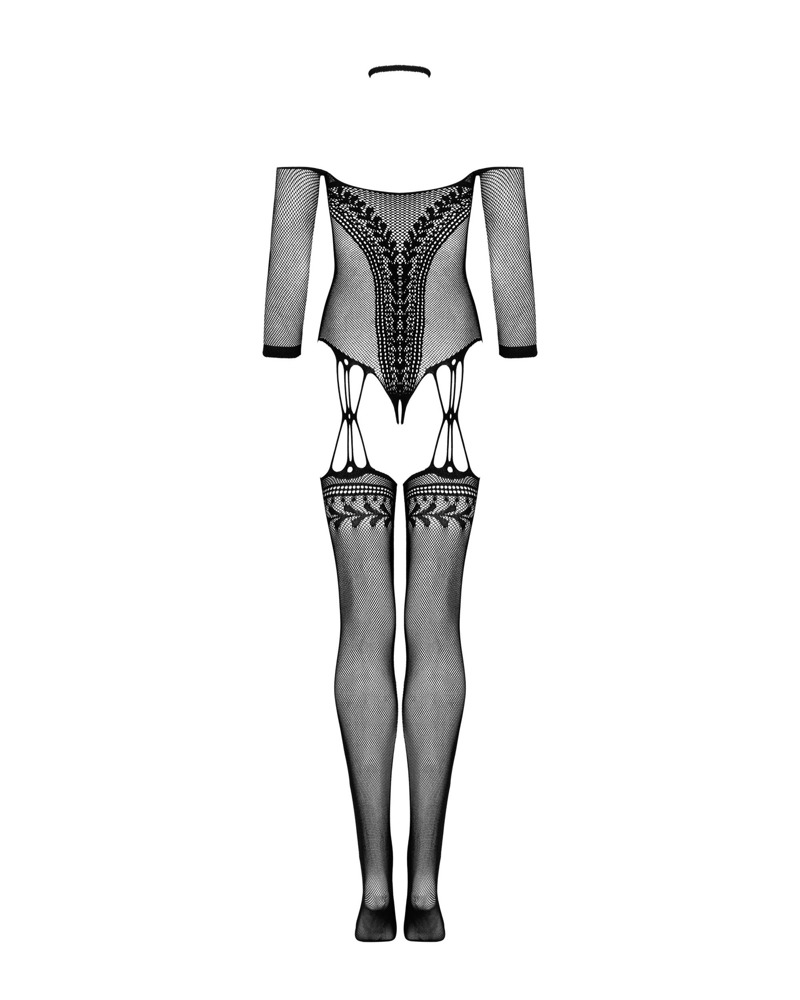 OBS Bodystocking S-L G333 Negru cu Model Floral și Decupaj Intim - imagine 4