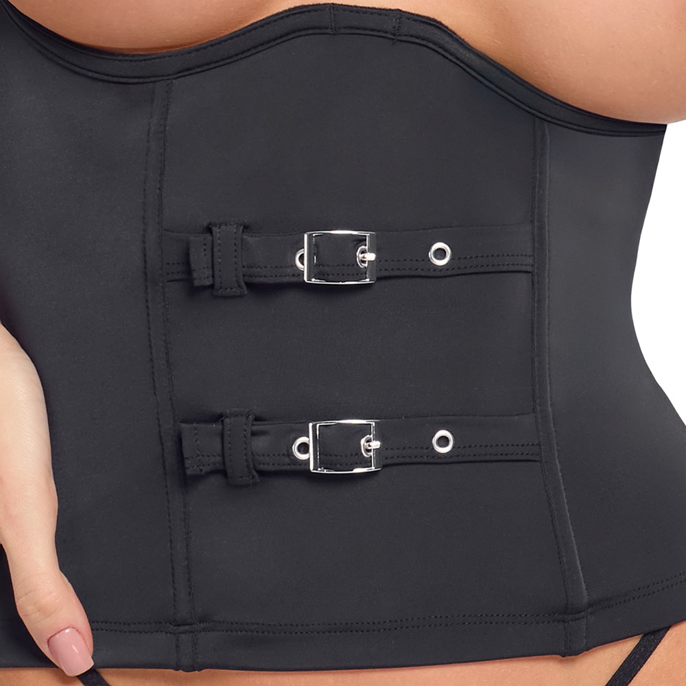 Corset Cupe Deschise Negru cu Bretele Ajustabile și Mini String - imagine 6