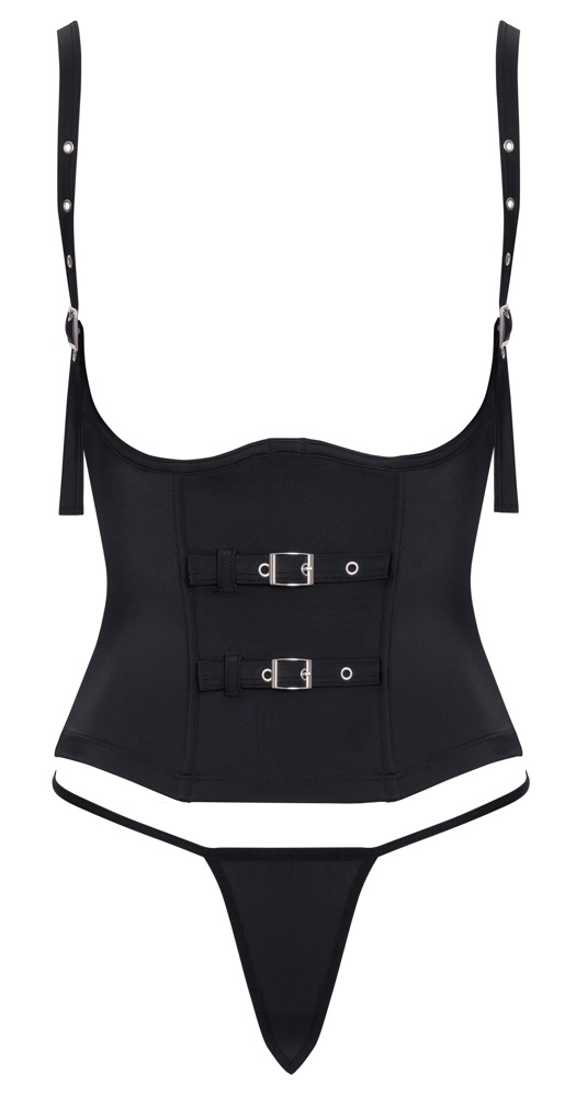 Corset Cupe Deschise Negru cu Bretele Ajustabile și Mini String - imagine 7