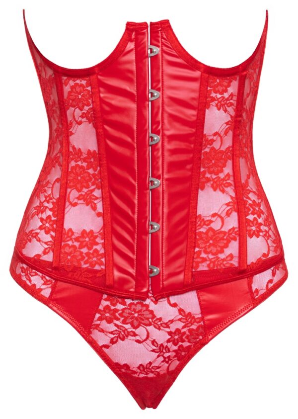 Corset Cupe Deschise Roșu din Dantelă și Wetlook cu Tanga - imagine 5