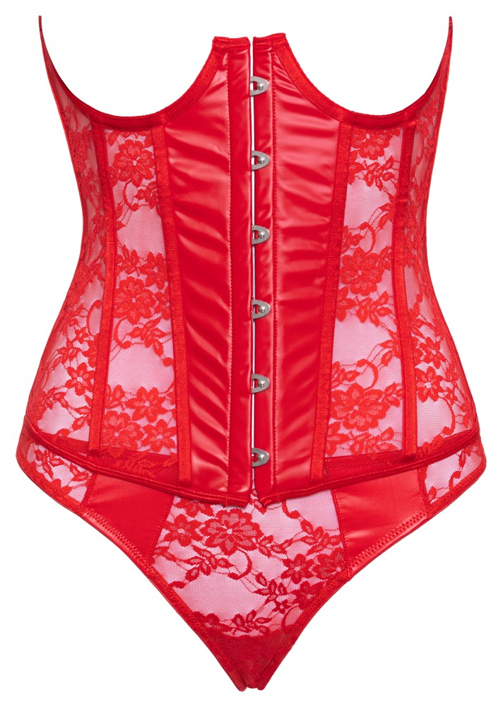 Corset Cupe Deschise Roșu din Dantelă și Wetlook cu Tanga - imagine 5