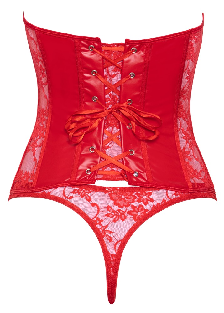 Corset Cupe Deschise Roșu din Dantelă și Wetlook cu Tanga - imagine 6