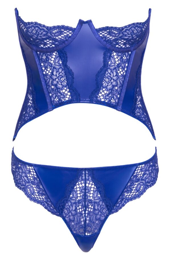 Cottelli Lingerie Corset Albastru Royal cu Dantelă Wetlook și Tanga - imagine 6