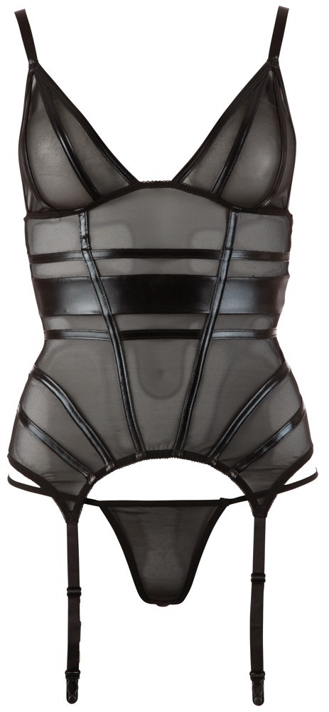 Cami Suspender cu Powernet Transparent și Detalii Wet Look cu G-String - imagine 4