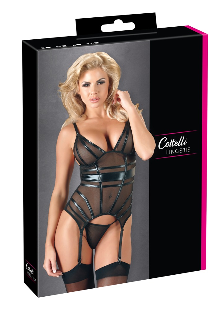 Cami Suspender cu Powernet Transparent și Detalii Wet Look cu G-String