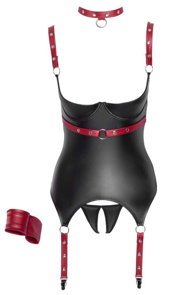 Cottelli Bondage Corset Basque Negru Roșu cu Guler și Cătușe - imagine 6