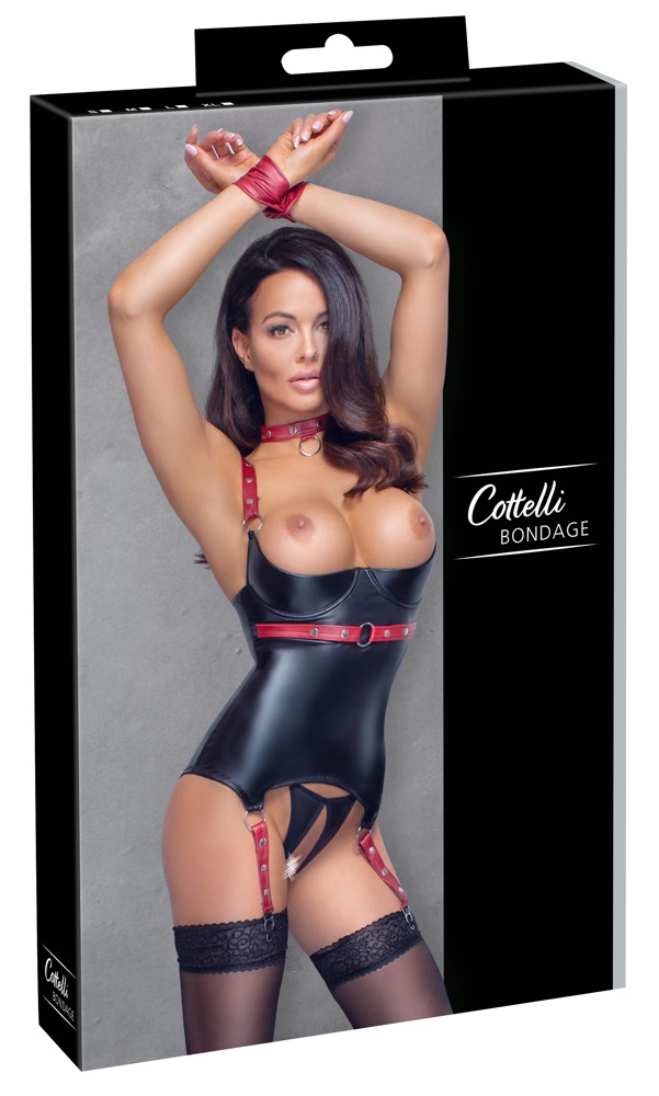 Cottelli Bondage Corset Basque Negru Roșu cu Guler și Cătușe