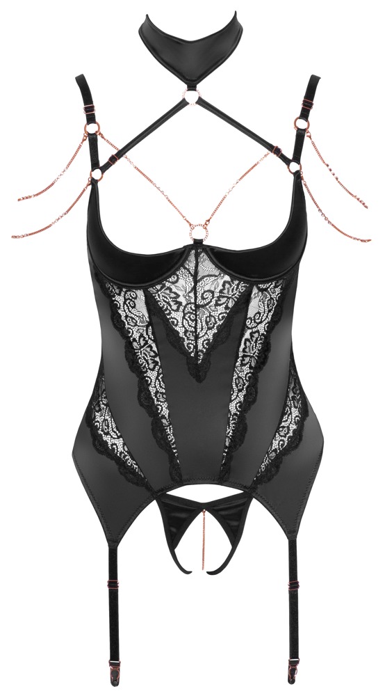 Corset Tip Basque Abierta Fina din Satin cu Dantelă și Lanțuri cu Strasuri - imagine 5