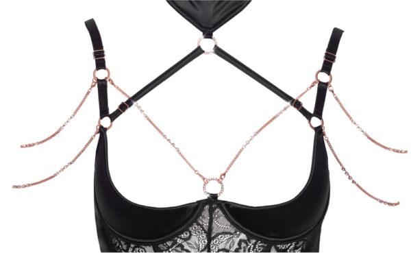 Corset Tip Basque Abierta Fina din Satin cu Dantelă și Lanțuri cu Strasuri - imagine 6