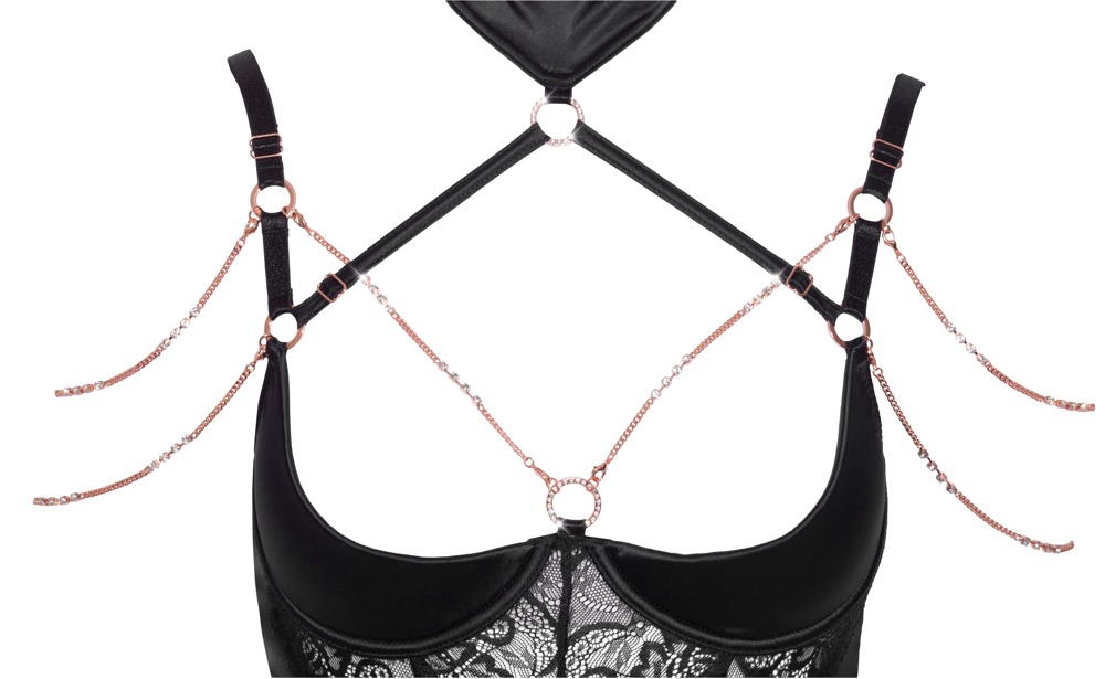 Corset Tip Basque Abierta Fina din Satin cu Dantelă și Lanțuri cu Strasuri - imagine 6