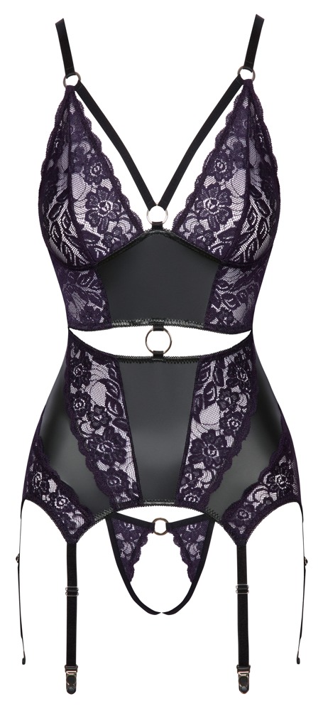 Cottelli Lingerie Corset Tip Basque Negru cu Dantelă Mov și Tanga - imagine 7