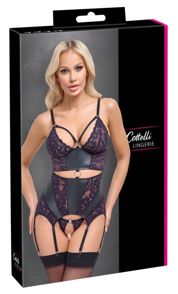 Cottelli Lingerie Corset Tip Basque Negru cu Dantelă Mov și Tanga