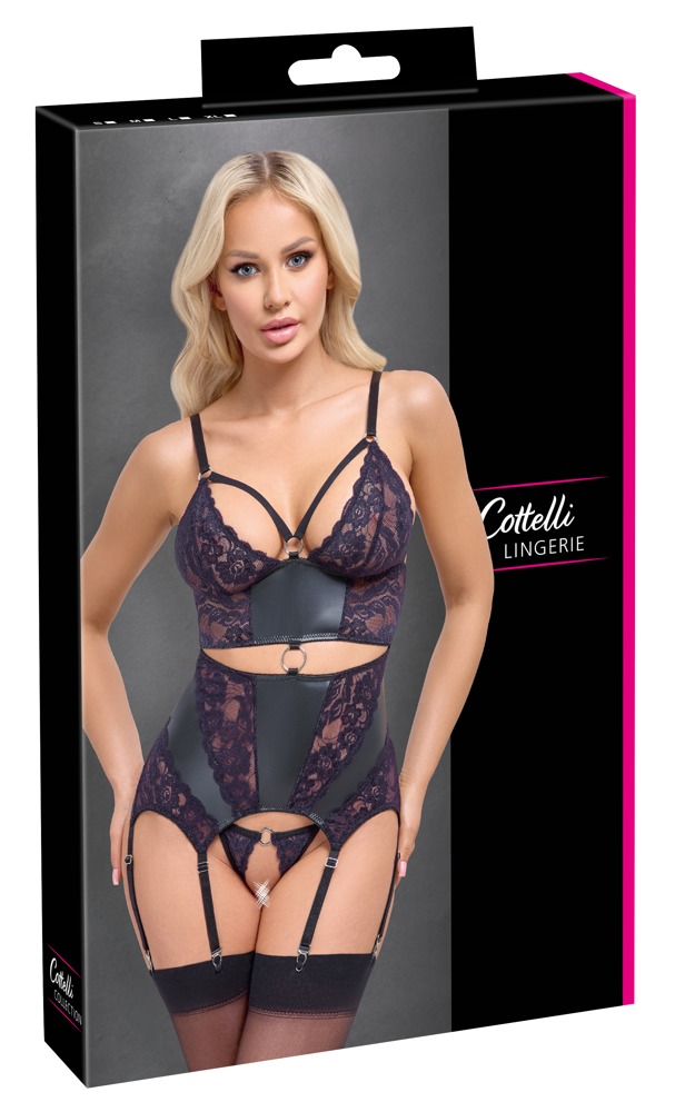Cottelli Lingerie Corset Tip Basque Negru cu Dantelă Mov și Tanga