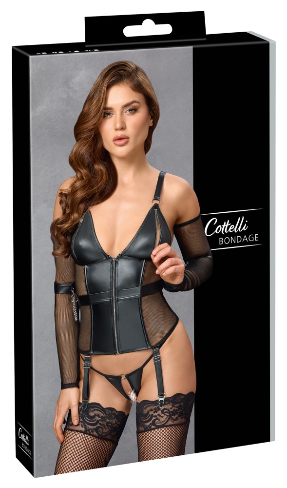 Cottelli Bondage Corset Tip Basque cu Cătușe Mănuși și Tanga Decupat