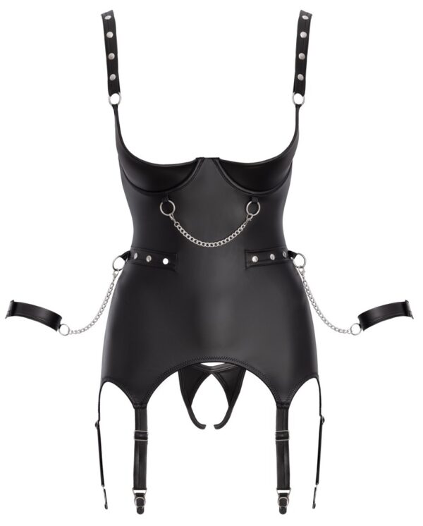 Corset Tip Basque Bondage Negru cu Cupe Deschise Cătușe și Tanga - imagine 8
