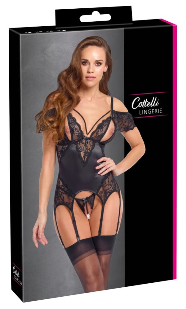 Corset Tip Basque Perle Negru cu Dantelă Lanțuri cu Perle și Tanga