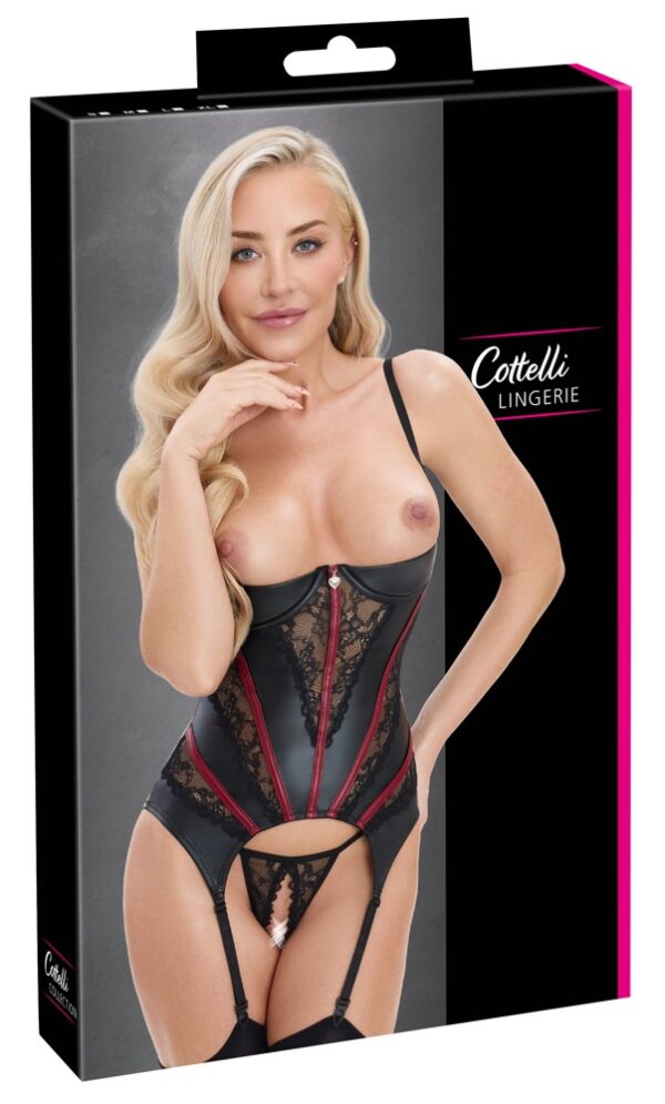 Sutien Balconette Corset Tip Basque Negru cu Dantelă și Tanga Decupat