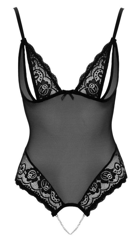 Body cu Decupaj Intim din Powernet și Dantelă Florală cu Perle - imagine 6