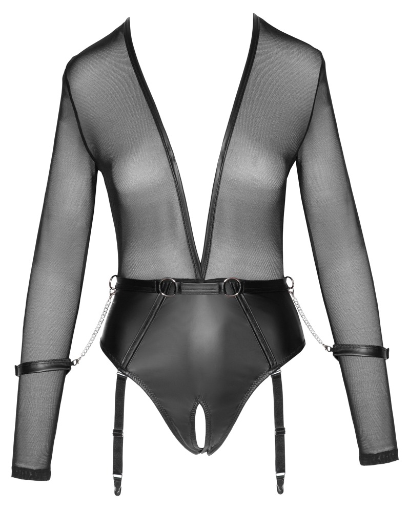 Cottelli Bondage Body Negru cu Mâneci Lungi Cătușe și Portjartier - imagine 6