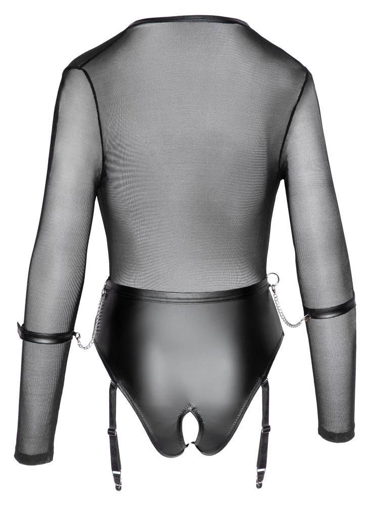 Cottelli Bondage Body Negru cu Mâneci Lungi Cătușe și Portjartier - imagine 7