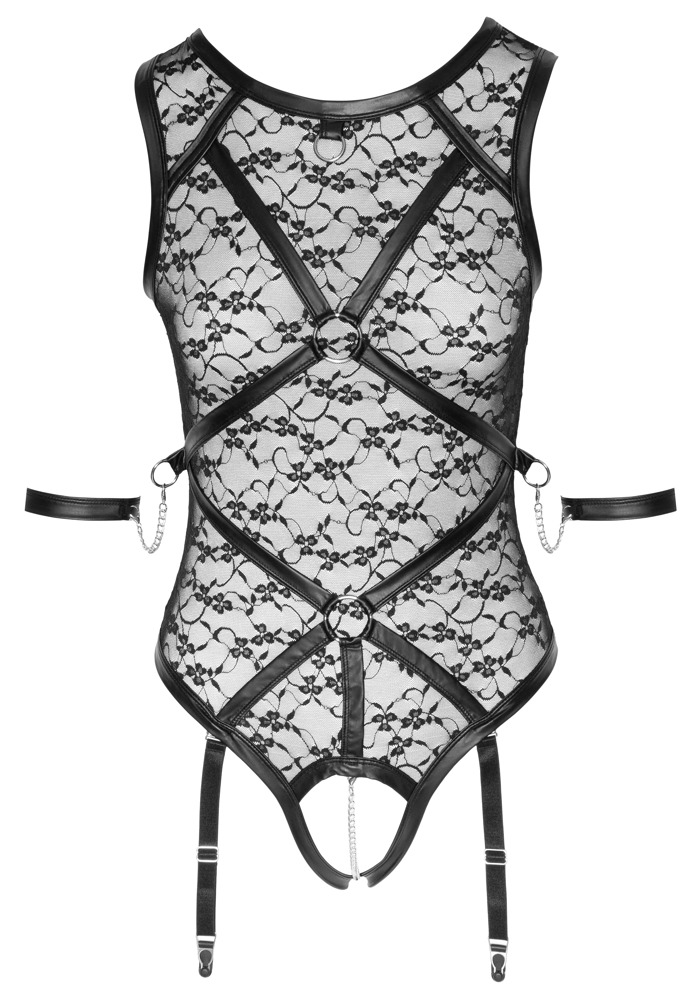 Body Negru Cottelli BONDAGE cu Dantelă Ham și Cătușe - imagine 6