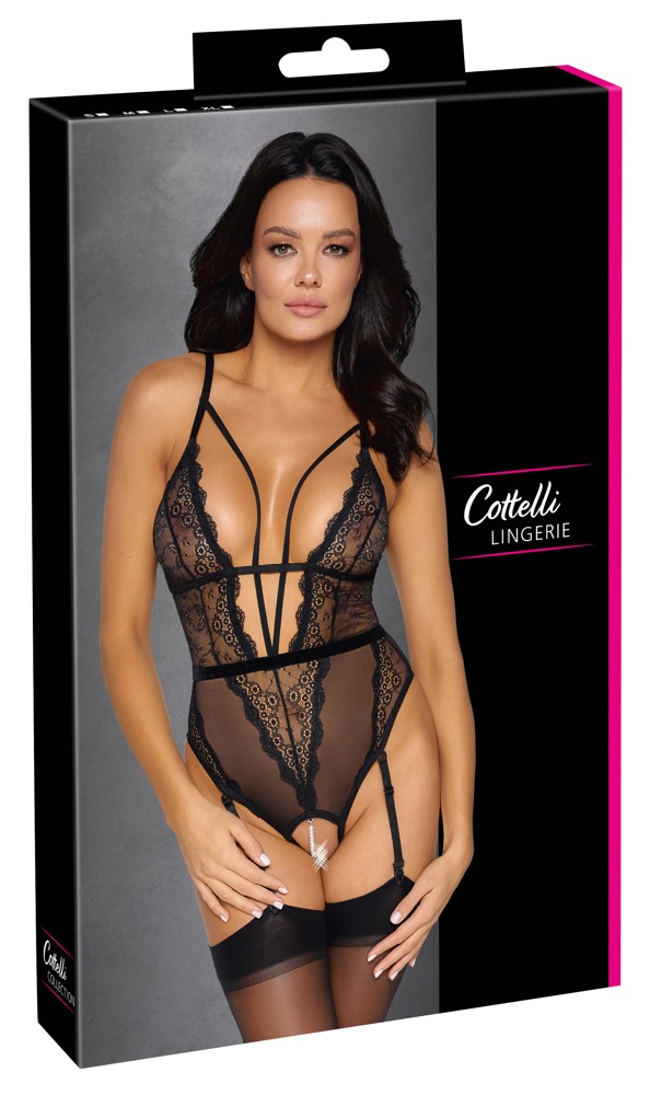 Cottelli Lingerie Body Tanga Pear cu Dantelă și Plasă Elastică Transparentă
