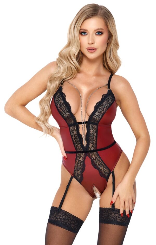 Abierta Fina Body Roșu Negru cu Dantelă și Decupaj Intim - imagine 2