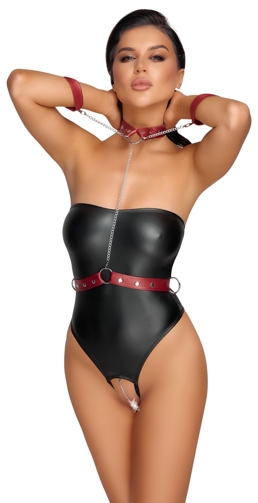 Cottelli Bondage Tubebody Negru cu Ham Roșu și Cătușe - imagine 2