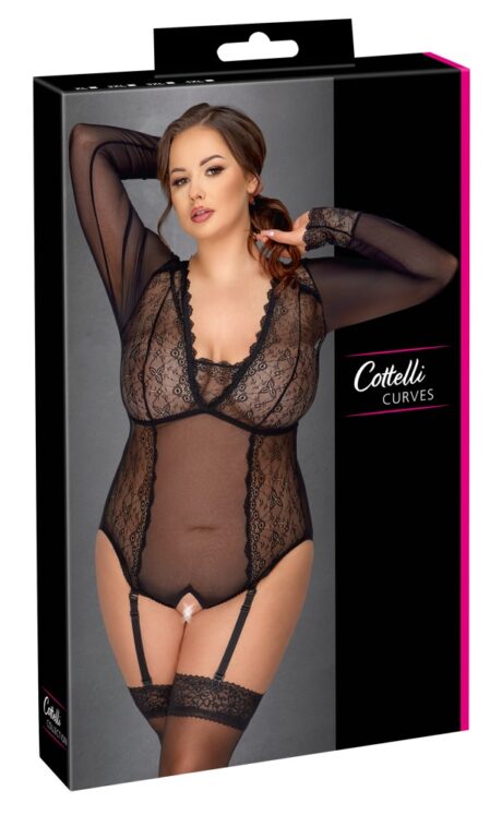 Cottelli CURVES Body Transparent din Powernet și Dantelă, Mâneci Lungi, Negru