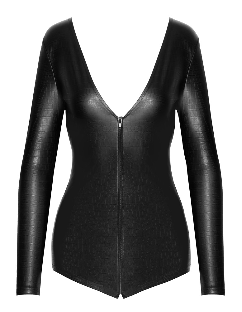 Body Noir cu Mâneci Lungi Aspect Piele de Șarpe și Fermoar Dublu - imagine 5