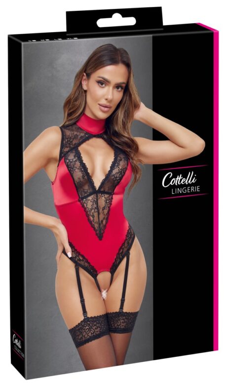 Cottelli LINGERIE Body cu Portjartier din Satin și Dantelă, Roșu/Negru