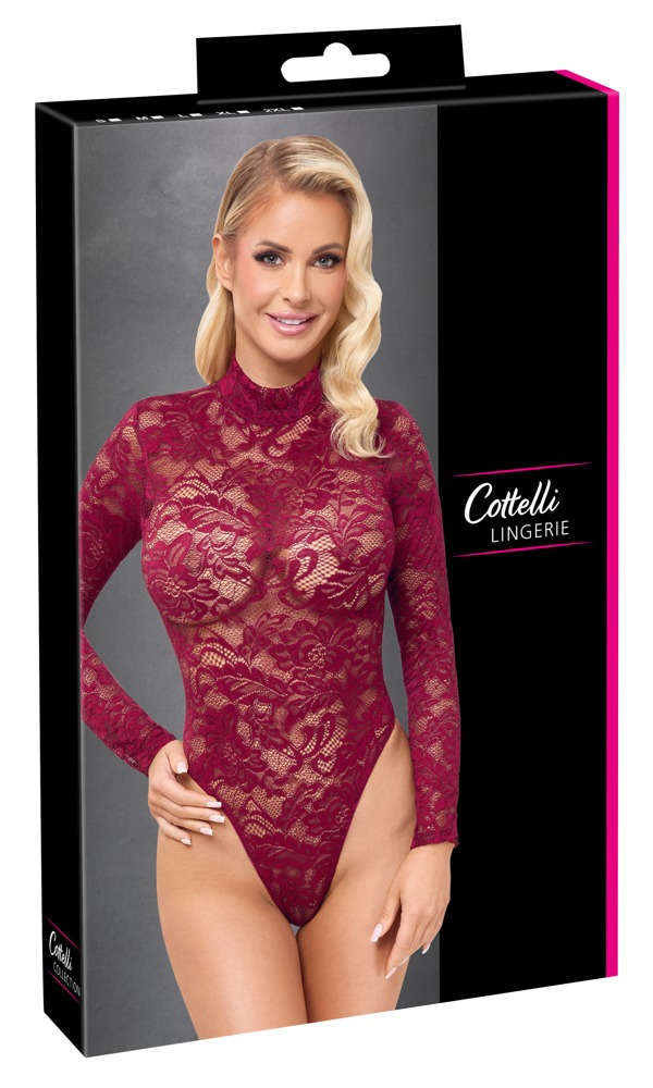 Cottelli Lingerie Body Roșu Bordeaux din Dantelă cu Mâneci Lungi
