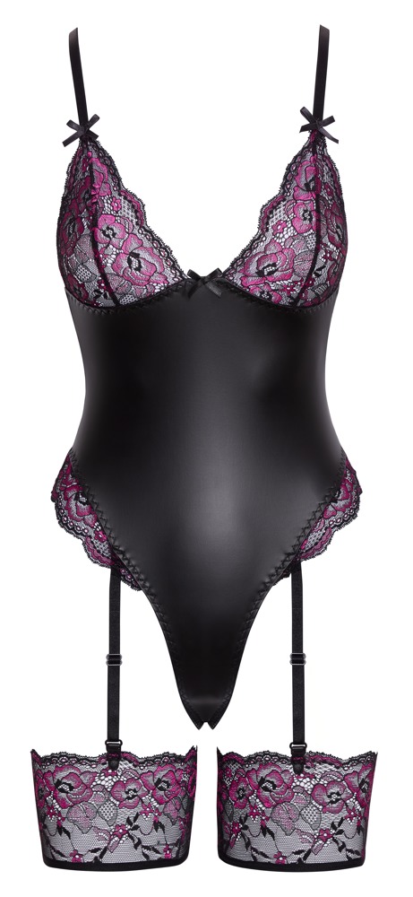 Cottelli Lingerie Body cu Portjartier Detașabil și Dantelă Neagră Roz - imagine 5