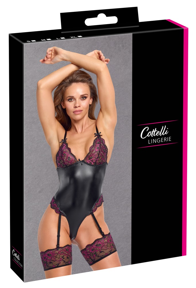 Cottelli Lingerie Body cu Portjartier Detașabil și Dantelă Neagră Roz