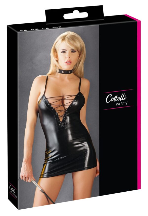 Rochie Neagră Mulată cu Aspect Wetlook și Șireturi Decorative