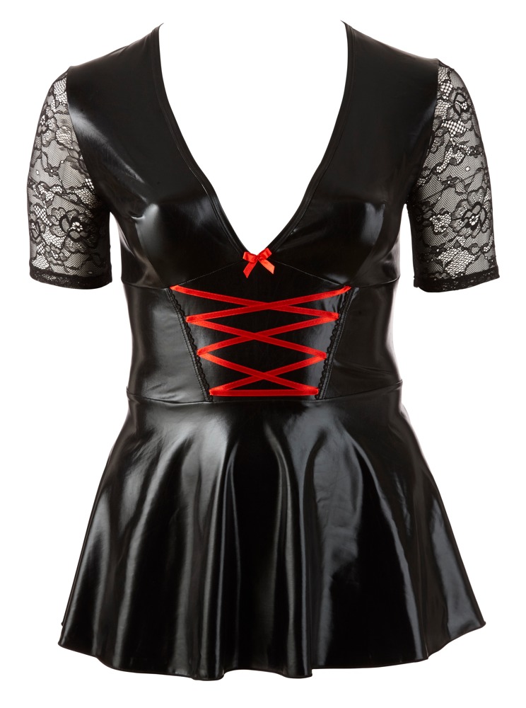 Rochie Negru/Roșu – cu Șnururi Decorative, Mâneci din Dantelă și Fustă Evazată - imagine 5