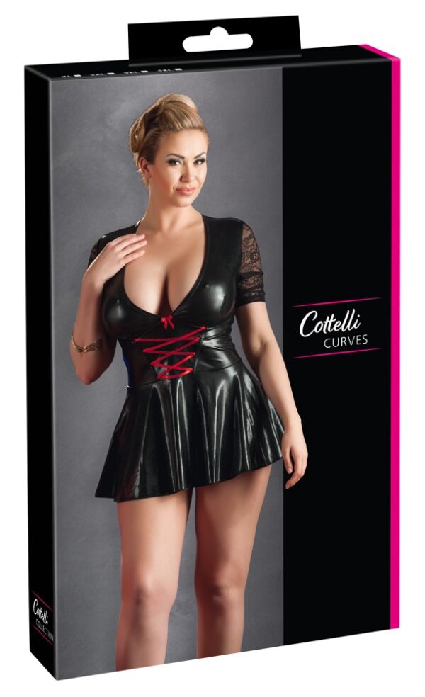 Rochie Negru/Roșu – cu Șnururi Decorative, Mâneci din Dantelă și Fustă Evazată