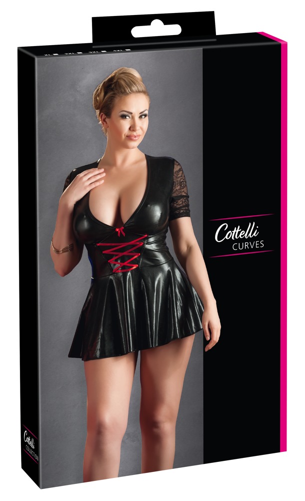 Rochie Negru/Roșu – cu Șnururi Decorative, Mâneci din Dantelă și Fustă Evazată