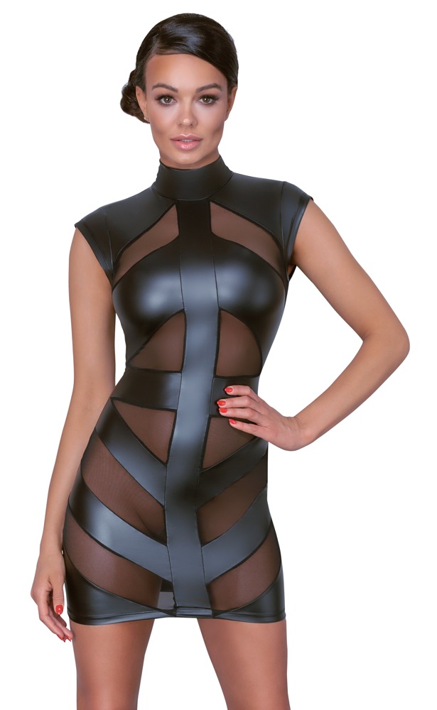 Rochie Mini Cottelli PARTY – Neagră Matte Look cu Inserții Powernet și Decupaj la Spate - imagine 2